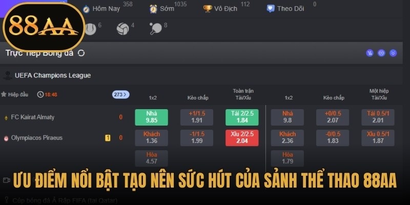 Ưu điểm nổi bật tạo nên sức hút của sảnh Thể thao 88AA